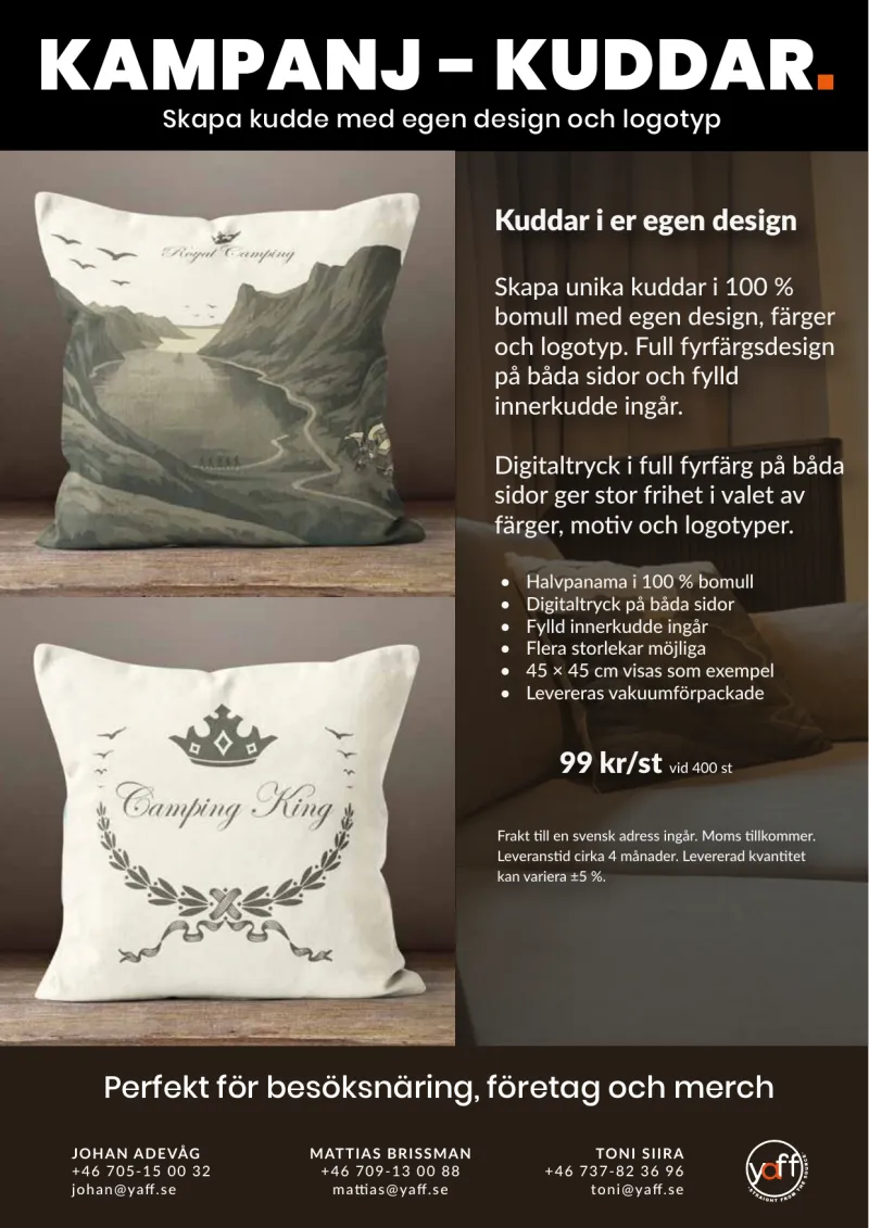Produktblad för kudde i egen design, sida 1