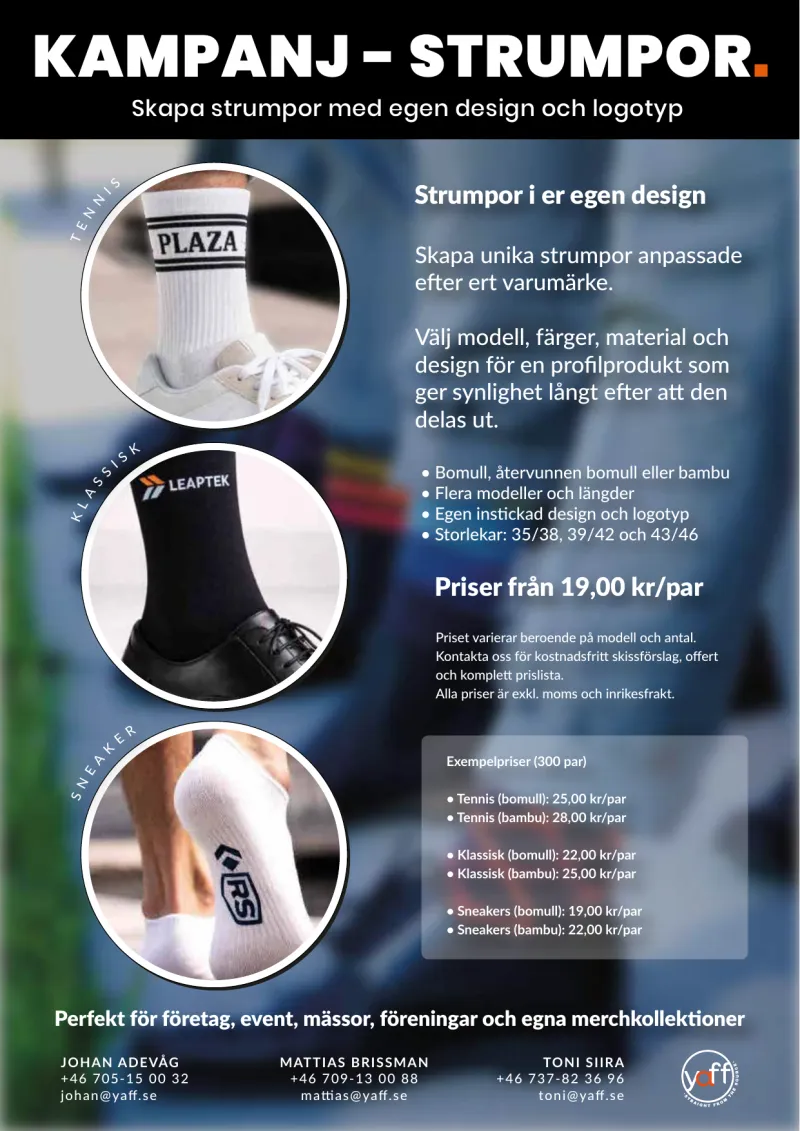 Produktblad för strumpor med eget tryck, sida 1