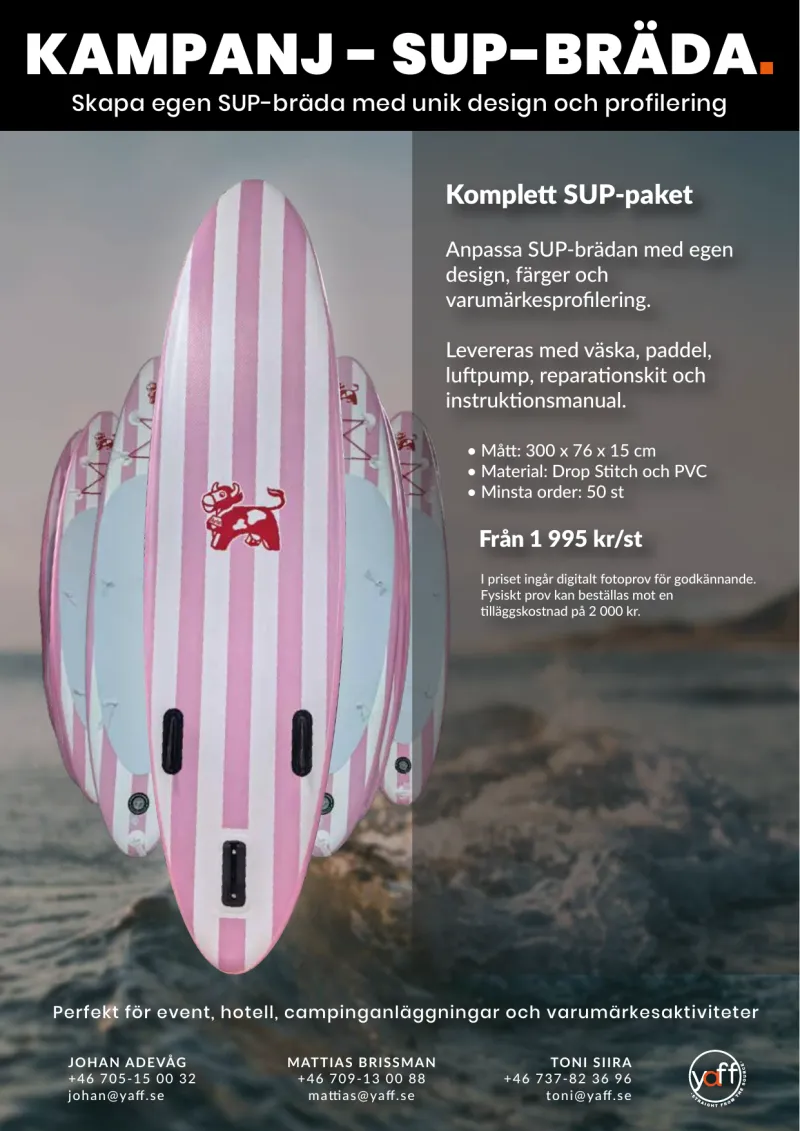 Produktblad för SUP-bräda i egen design, sida 1