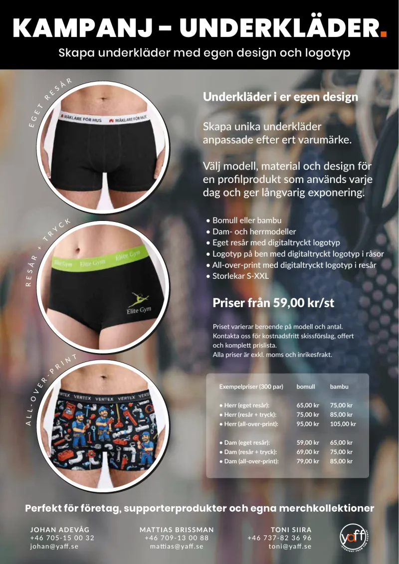 Produktblad för underkläder i egen design, sida 1